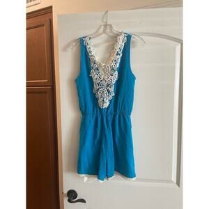 Romper turquoise white La e trim. L. 33” from shoulder to hem elastic waist